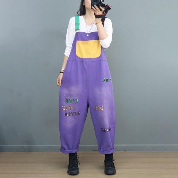 Letter Sequin Colorful Gardening Overalls Cotton Casual Dungarees