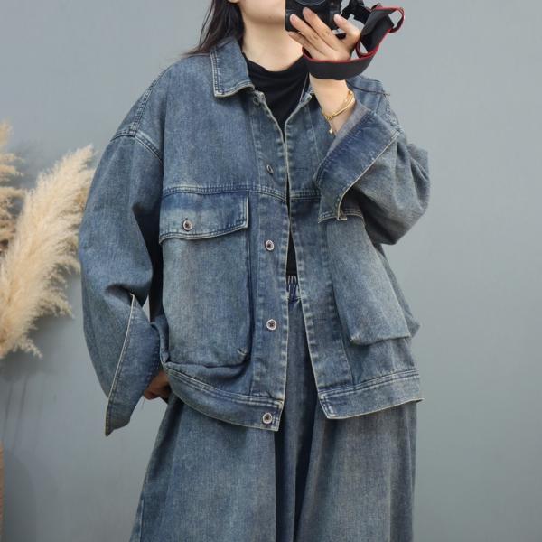 Huge Flap Pockets Denim Boyfriend Jacket with Long Sleeves