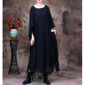 Solid Colors Fringed Cape Dress Linen Plus Size Caftan