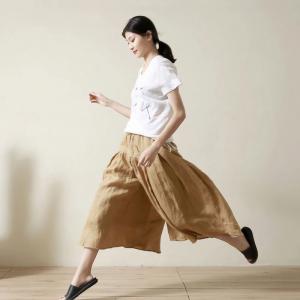 Loose-Fitting Beach Linen Culotte Wide Leg Comfy Pantskirt