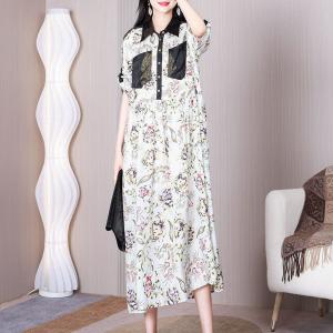 Black Chest Pocket Floral Shirt Dress Loose White Henley Dress