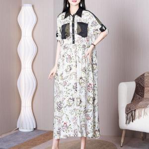 Black Chest Pocket Floral Shirt Dress Loose White Henley Dress