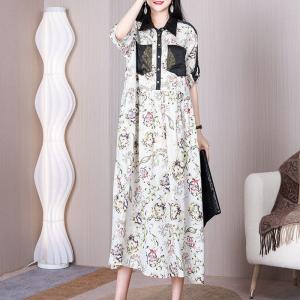 Black Chest Pocket Floral Shirt Dress Loose White Henley Dress