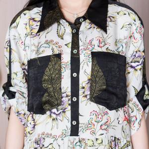 Black Chest Pocket Floral Shirt Dress Loose White Henley Dress