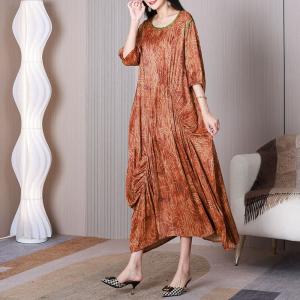 Half Sleeves Maxi Pleated Dress Silk Satin Boho Dress