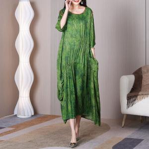 Half Sleeves Maxi Pleated Dress Silk Satin Boho Dress