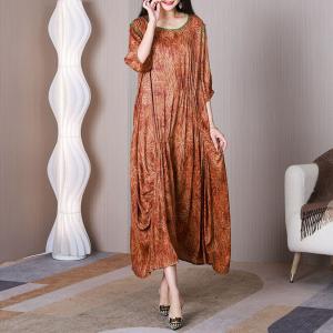 Half Sleeves Maxi Pleated Dress Silk Satin Boho Dress