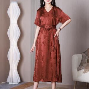 High Waist Jacquard Dress Elegant Silk Belted Dress