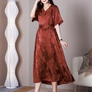 High Waist Jacquard Dress Elegant Silk Belted Dress