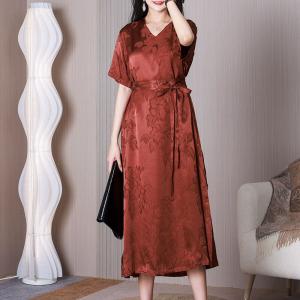 High Waist Jacquard Dress Elegant Silk Belted Dress