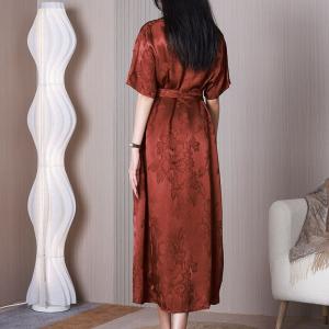 High Waist Jacquard Dress Elegant Silk Belted Dress