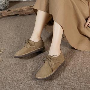 Lace Up Round Toe Loafers Ladies Leather Handmade Footwear