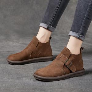 Buckle Decoration Leather Ankle Boots Cozy Round Toe Boots