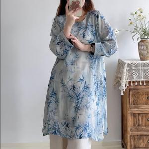 Side Slits Bamboo Patterned Tunic Eastern Ramie Blue Blouse