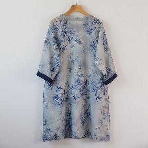 Side Slits Bamboo Patterned Tunic Eastern Ramie Blue Blouse