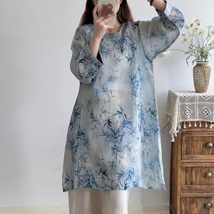 Side Slits Bamboo Patterned Tunic Eastern Ramie Blue Blouse