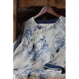 Side Slits Bamboo Patterned Tunic Ramie Chinoiserie Blouse
