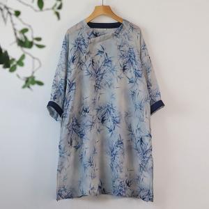 Side Slits Bamboo Patterned Tunic Ramie Chinoiserie Blouse