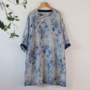 Side Slits Bamboo Patterned Tunic Eastern Ramie Blue Blouse