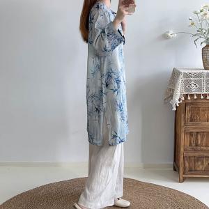 Side Slits Bamboo Patterned Tunic Eastern Ramie Blue Blouse