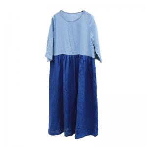 Blue Contrast Loose Linen Dress High Waist Fall Dress