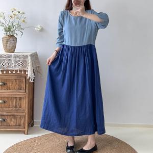 Blue Contrast Loose Linen Dress High Waist Fall Dress