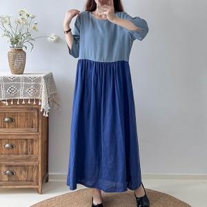 Blue Contrast Loose Linen Dress High Waist Fall Dress