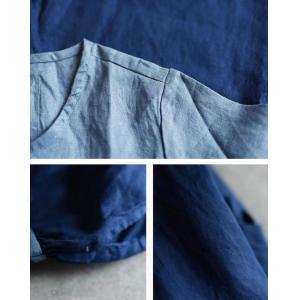 Blue Contrast Loose Linen Dress High Waist Fall Dress