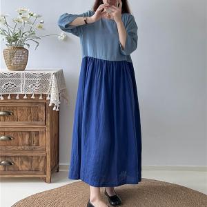 Blue Contrast Loose Linen Dress High Waist Fall Dress