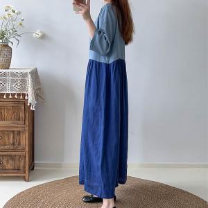 Blue Contrast Loose Linen Dress High Waist Fall Dress