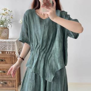 Easy Chic Pleated Blouse Linen Plain Designer T-Shirt