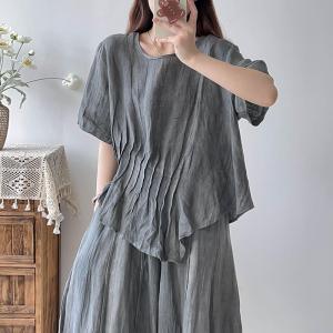 Easy Chic Pleated Blouse Linen Plain Designer T-Shirt