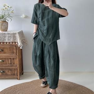 Short Sleeves Pleated Blouse with Baggy Flax Trousers