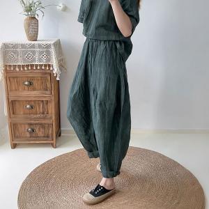 Short Sleeves Pleated Blouse with Baggy Flax Trousers