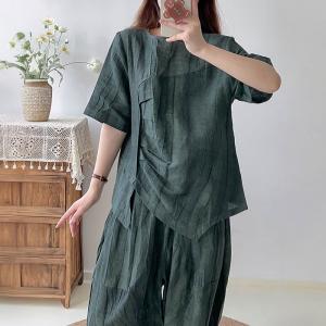 Short Sleeves Pleated Blouse with Baggy Flax Trousers