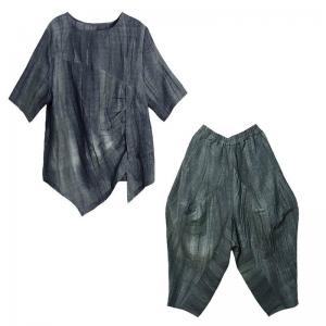 Short Sleeves Pleated Blouse with Baggy Flax Trousers