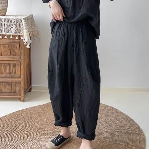 Short Sleeves Pleated Blouse with Baggy Flax Trousers