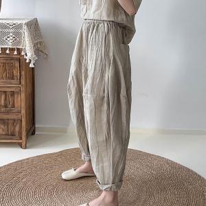 Short Sleeves Pleated Blouse with Baggy Flax Trousers