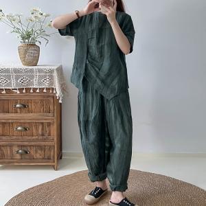 Short Sleeves Pleated Blouse with Baggy Flax Trousers