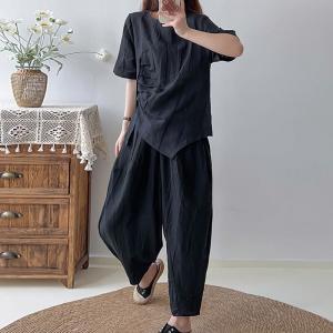 Short Sleeves Pleated Blouse with Baggy Flax Trousers