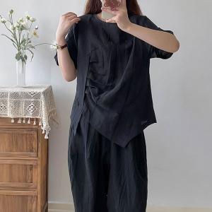 Short Sleeves Pleated Blouse with Baggy Flax Trousers