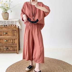 Oversized Linen Minimalist Blouse with Wide Leg Cropped Pants