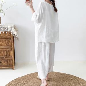 Oversized Linen Minimalist Blouse with Wide Leg Cropped Pants