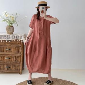 Simple Linen Henley Dress Loose Cocoon Dress