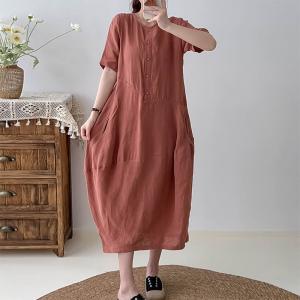 Simple Linen Henley Dress Loose Cocoon Dress