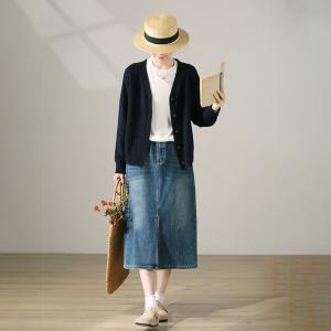 Ulzzang Style Front Slit Skirt Stone Wash Jean Skirt