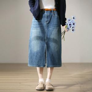 Ulzzang Style Front Slit Skirt Stone Wash Jean Skirt