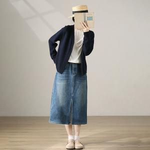 Ulzzang Style Front Slit Skirt Stone Wash Jean Skirt