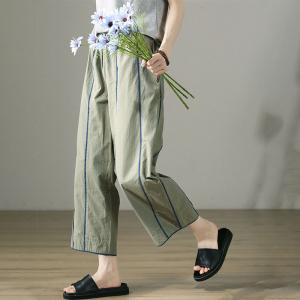 Blue Striped Straight Leg Pants Sage Green Cotton Trousers