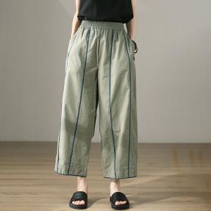 Blue Striped Straight Leg Pants Sage Green Cotton Trousers